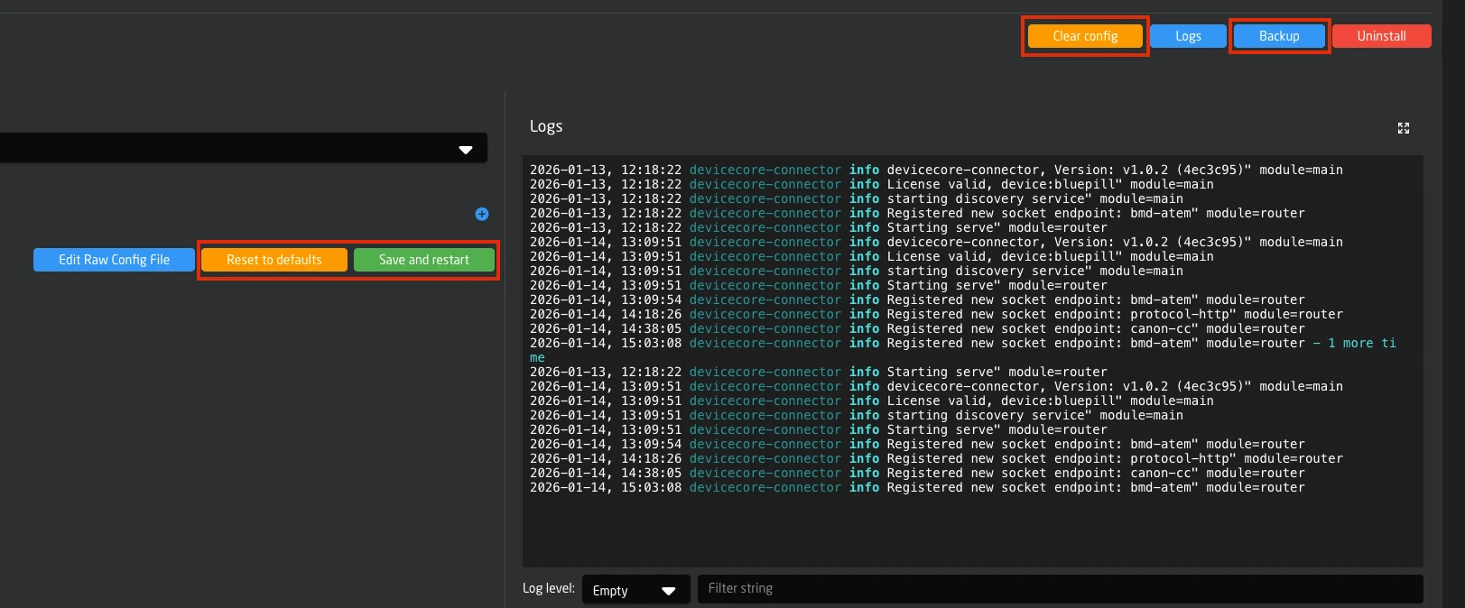 Configuration action buttons