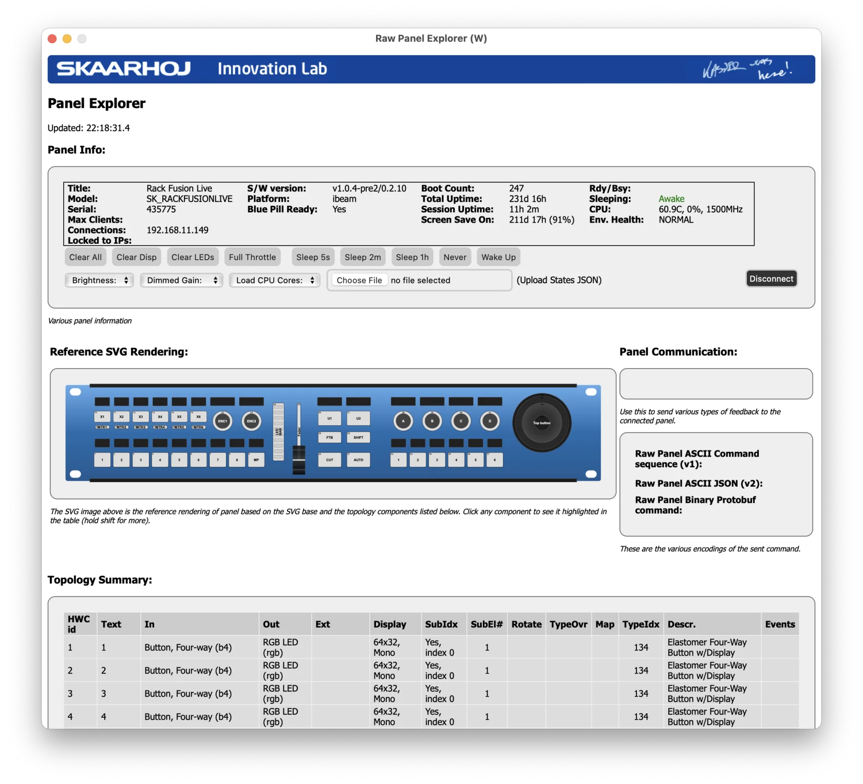 RawPanel Explorer showing panel info, SVG rendering, and topology summary