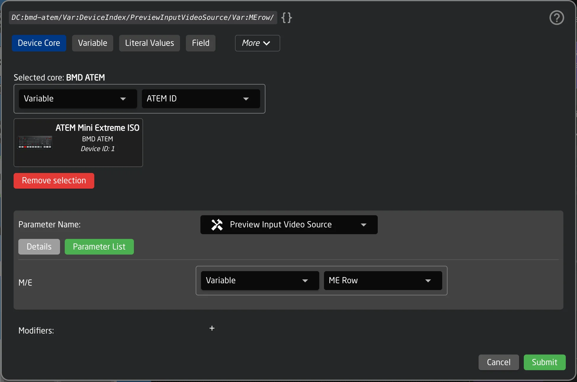 Dimension fields in the Parameter Reference helper window