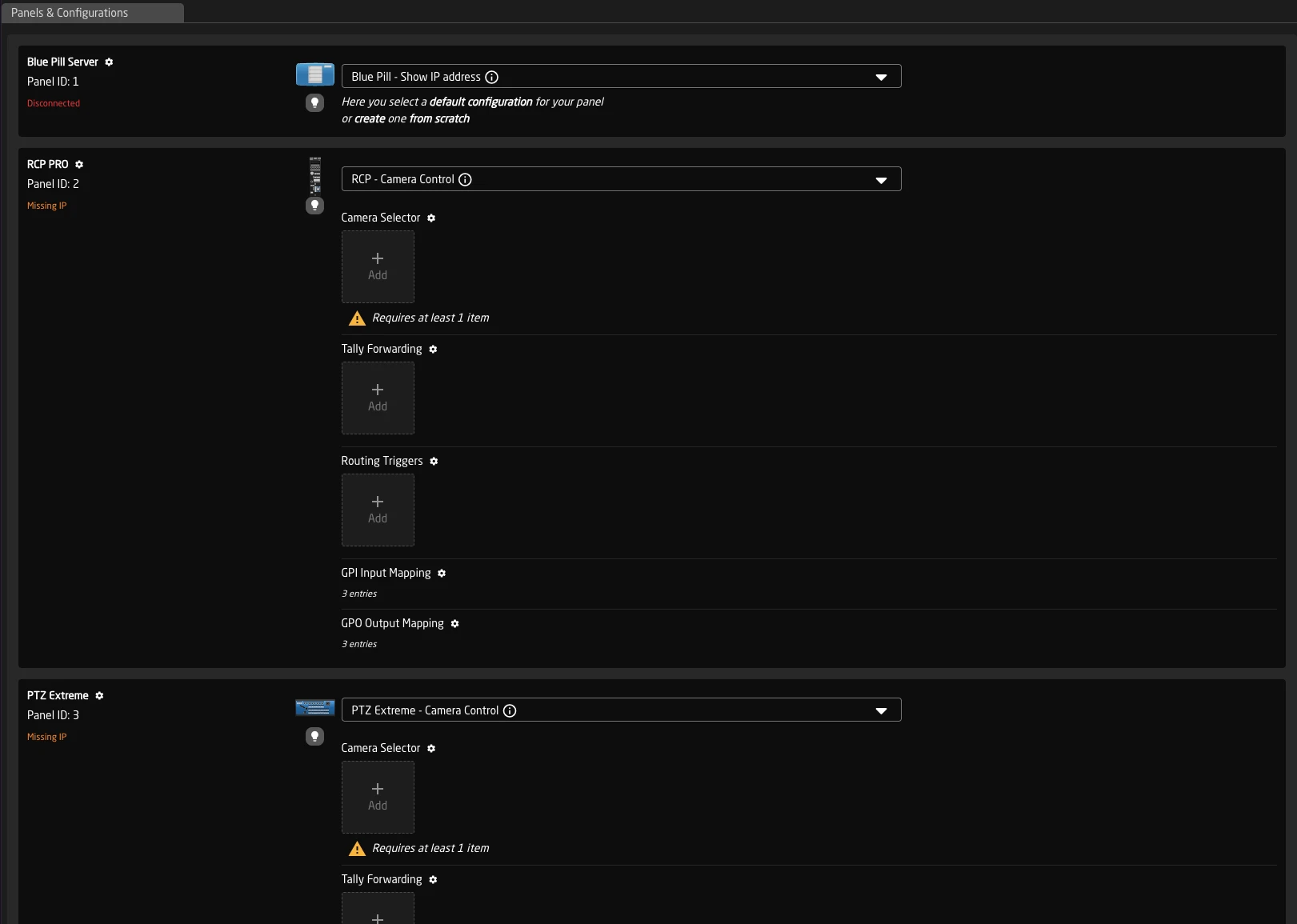 Home screen showing multiple remote panels connected