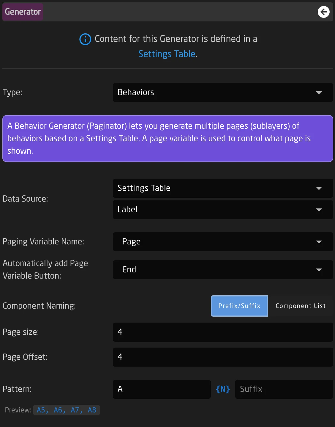 Configured Generator in Prefix/Suffix mode