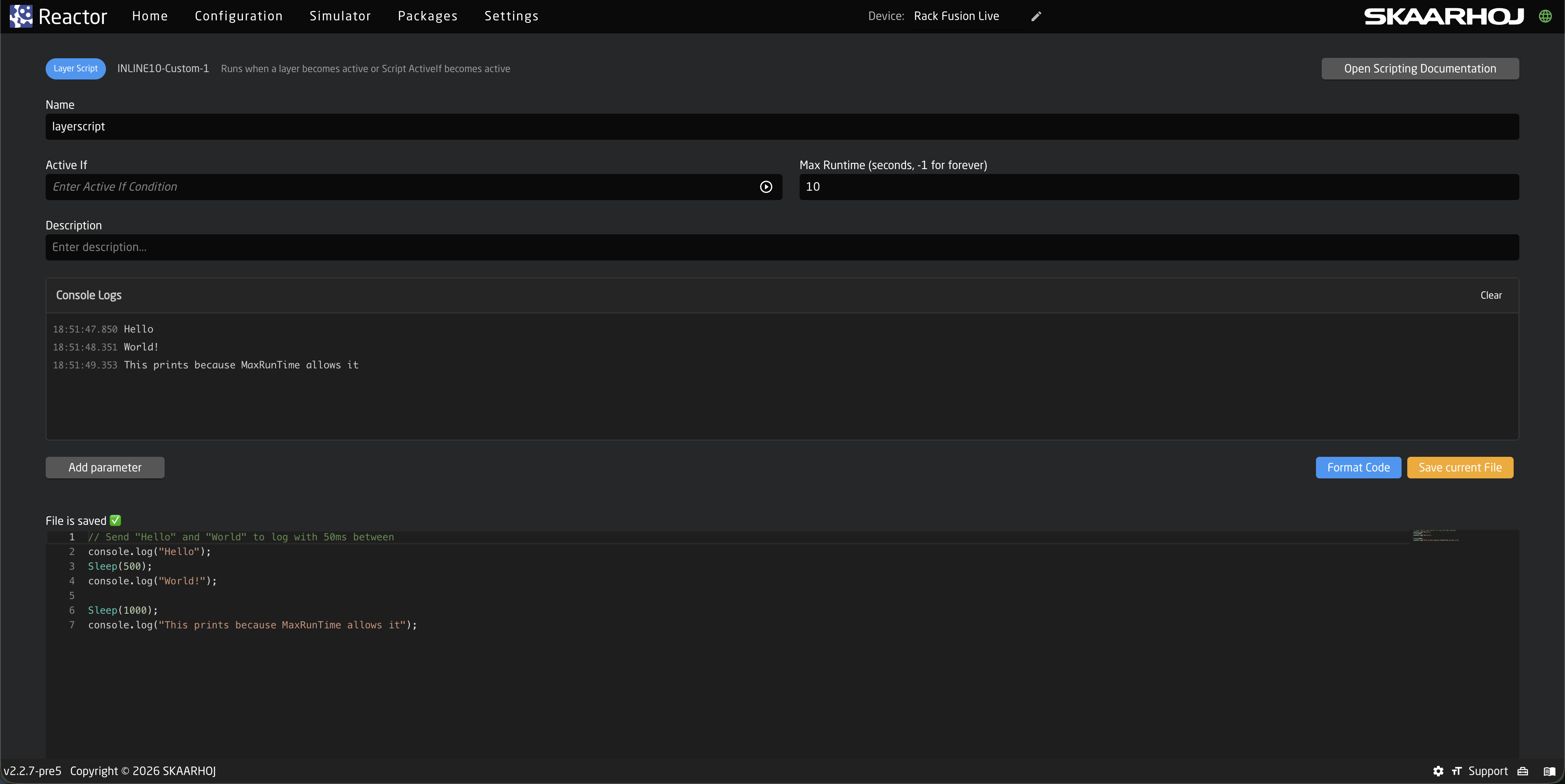 Script page with a simple example.