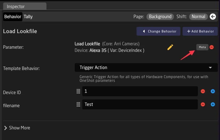 Meta Values displayed in the behavior inspector